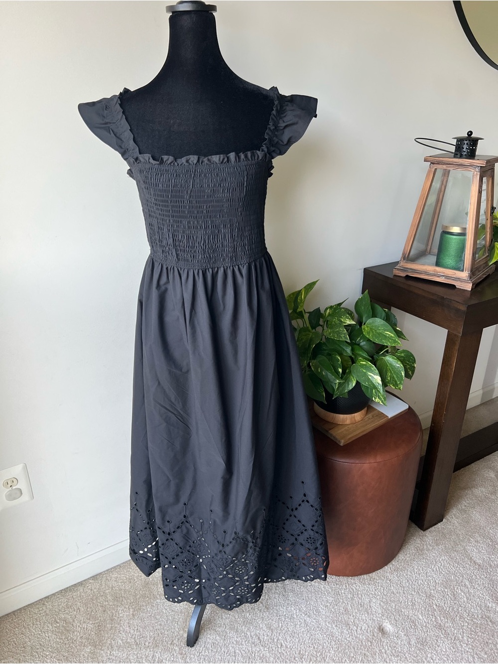 Blu Pepper Black Smocked Midi Dress with Eyelet Hem